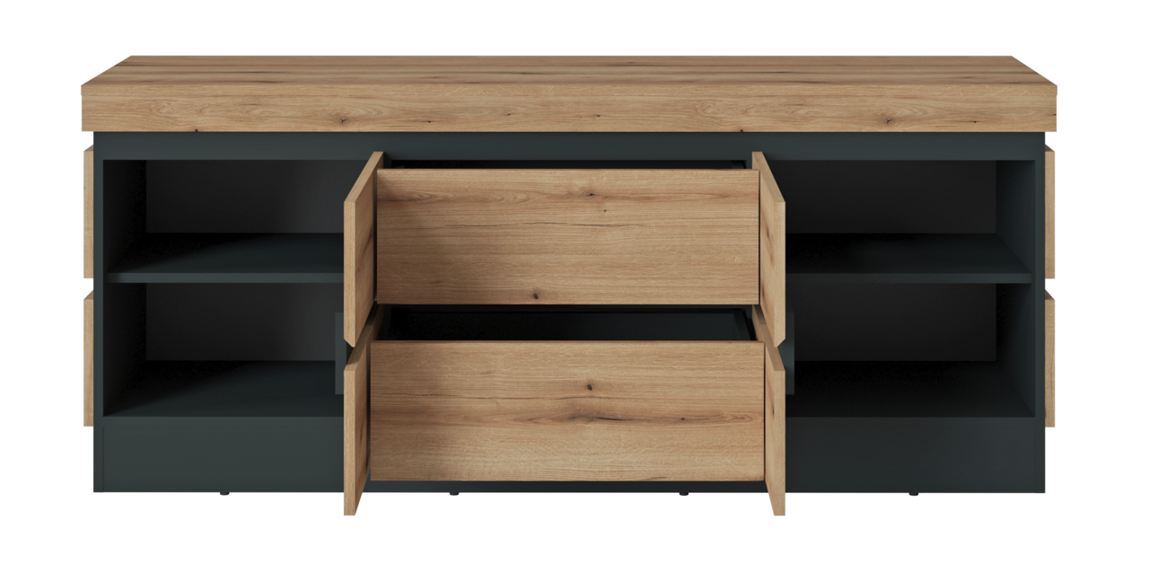 Frontansicht eines TV-Lowboards mit Holzoptik und offenen Schubladen.