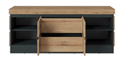 Frontansicht eines TV-Lowboards mit Holzoptik und offenen Schubladen.