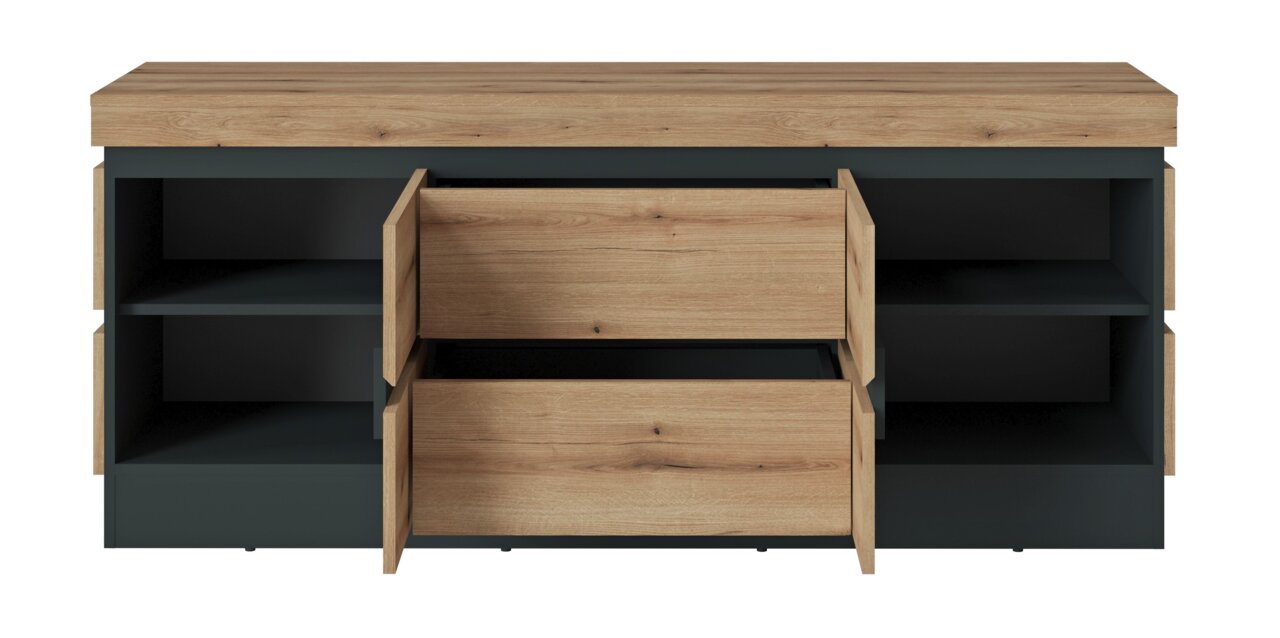Frontansicht eines TV-Lowboards mit Holzoptik und offenen Schubladen.