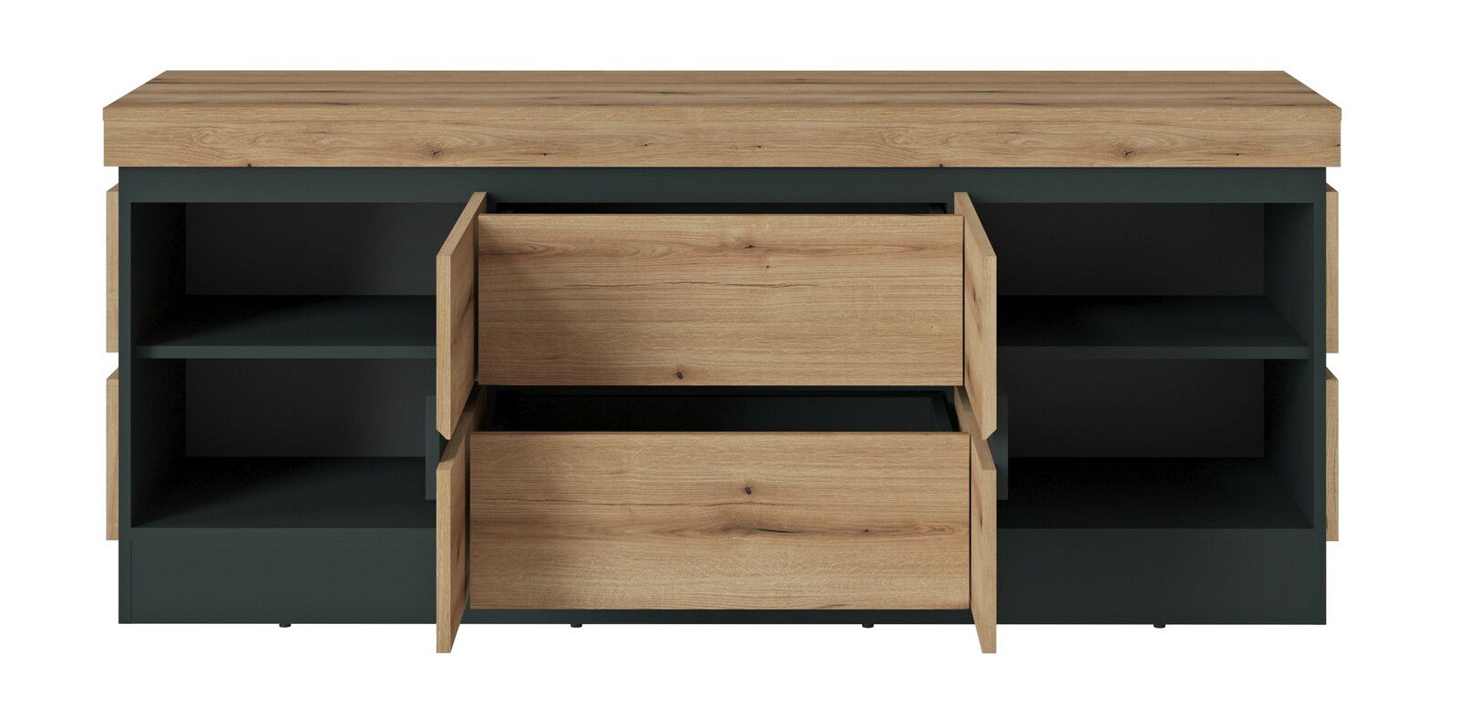 Frontansicht eines TV-Lowboards mit Holzoptik und offenen Schubladen.