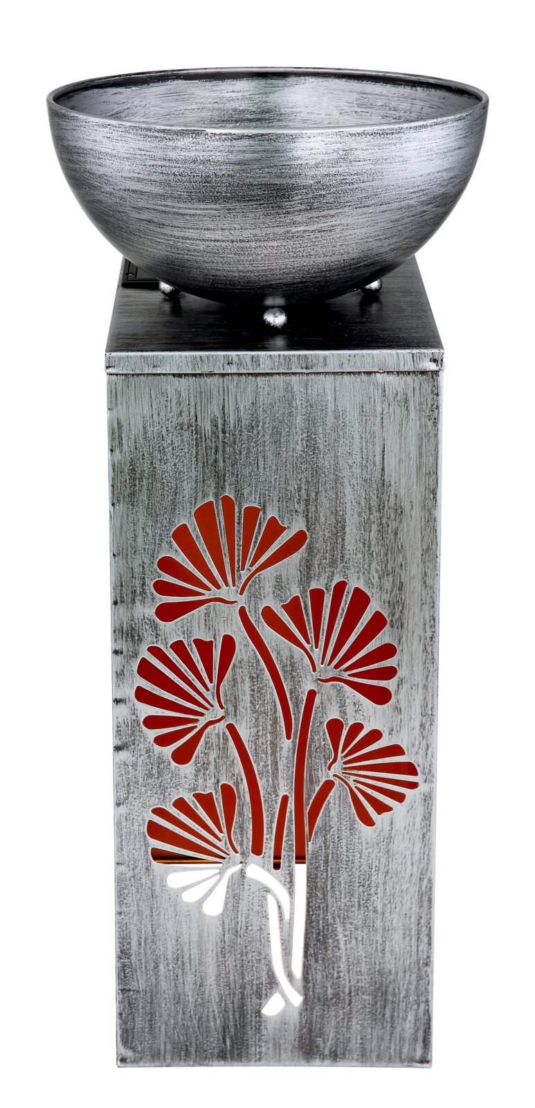 Silberne Solarleuchte mit floralem Muster, seitliche Perspektive