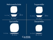 Grafische Übersicht eines weißen Geschirrsets (Mehrzweckschale 500 ml, Ø 20 cm, h 7 cm; Suppenteller 600 ml, Ø 22 cm, h 4 cm; Speiseteller Ø 26 cm, h 2 cm; Dessertteller Ø 21,5 cm, h 2 cm) in Draufsicht und Seitenansicht auf blauem Hintergrund.