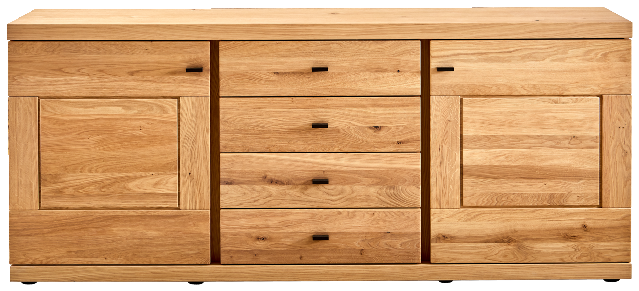 Frontale Ansicht eines Sideboards aus hellem Holz mit drei Schubladen in der Mitte und zwei Türen an den Seiten.