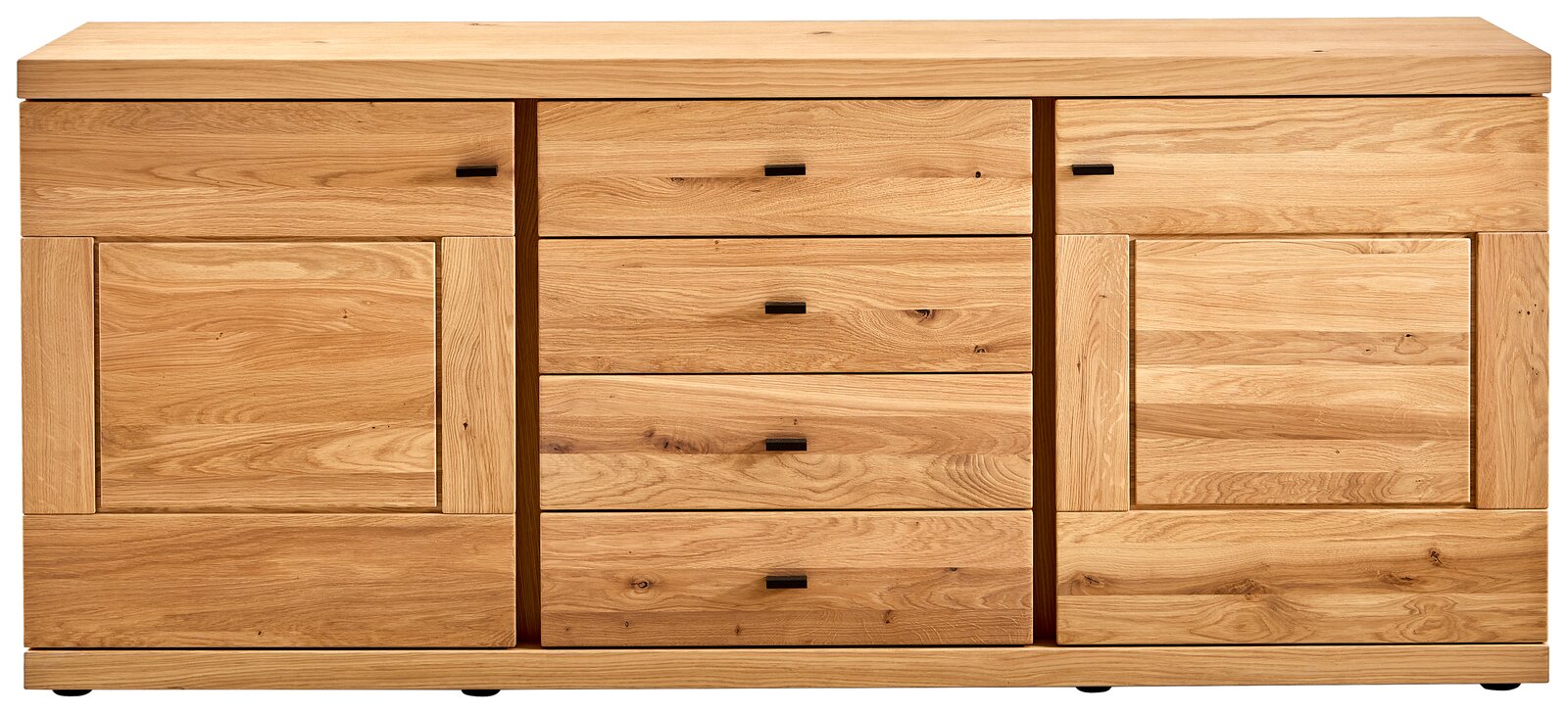 Frontale Ansicht eines Sideboards aus hellem Holz mit drei Schubladen in der Mitte und zwei Türen an den Seiten.