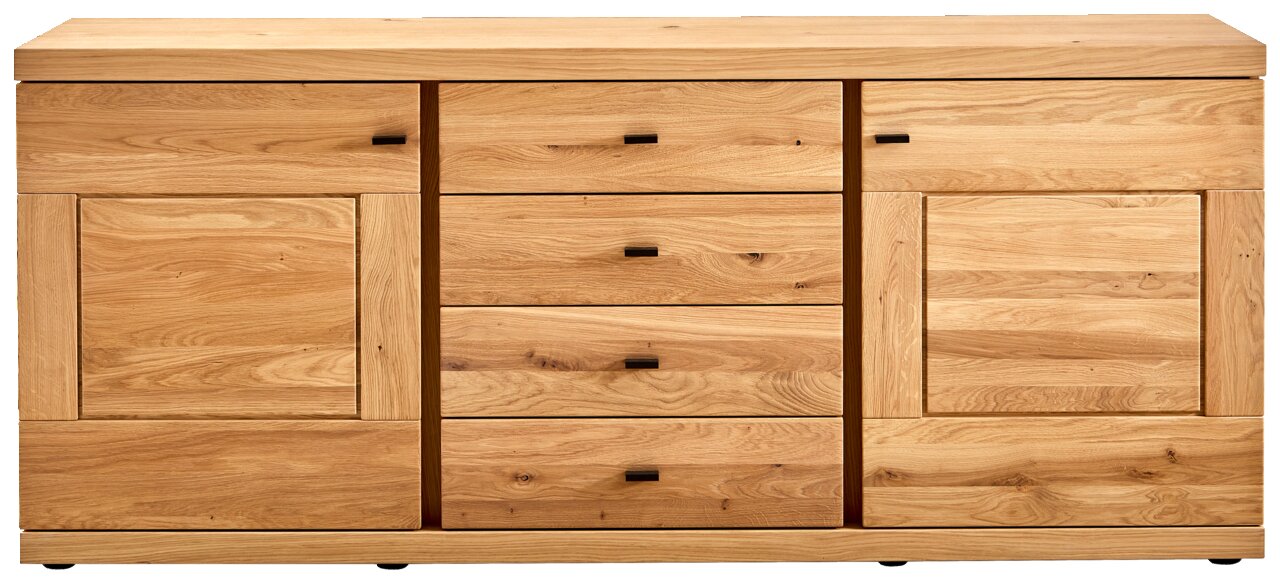 Vooraanzicht van een dressoir van licht hout met drie lades in het midden en twee deuren aan de zijkanten.