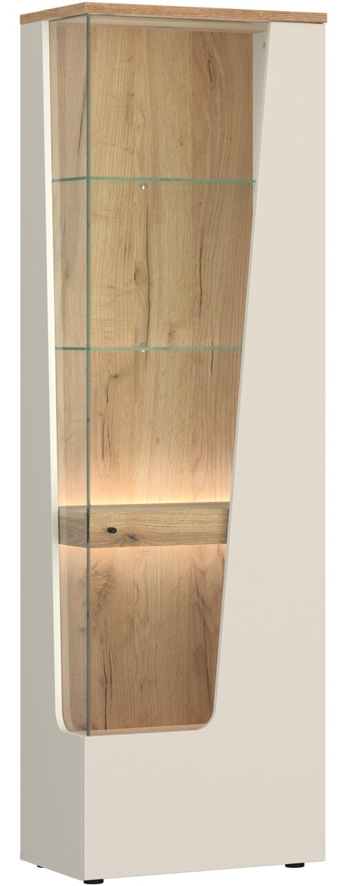 Z2 Vitrine re. CUT OUT Moderne Vitrine mit Holzoptik und Glaselementen, seitliche Perspektive