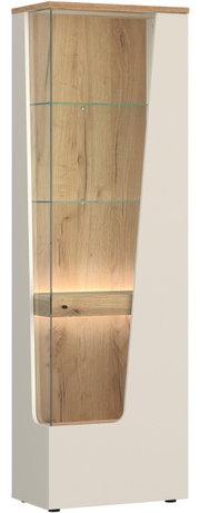 Moderne vitrinekast met houtlook en glazen elementen, zijaanzicht