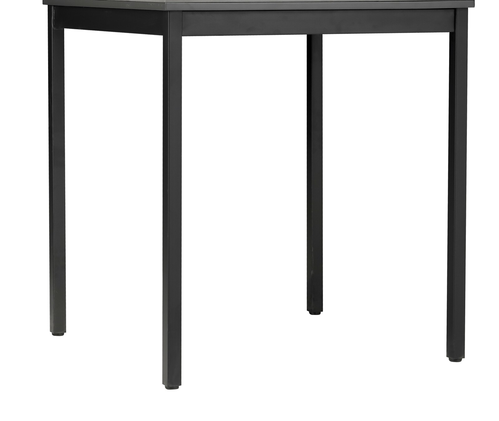 Moderner schwarzer Esstisch aus Metall, seitliche Perspektive