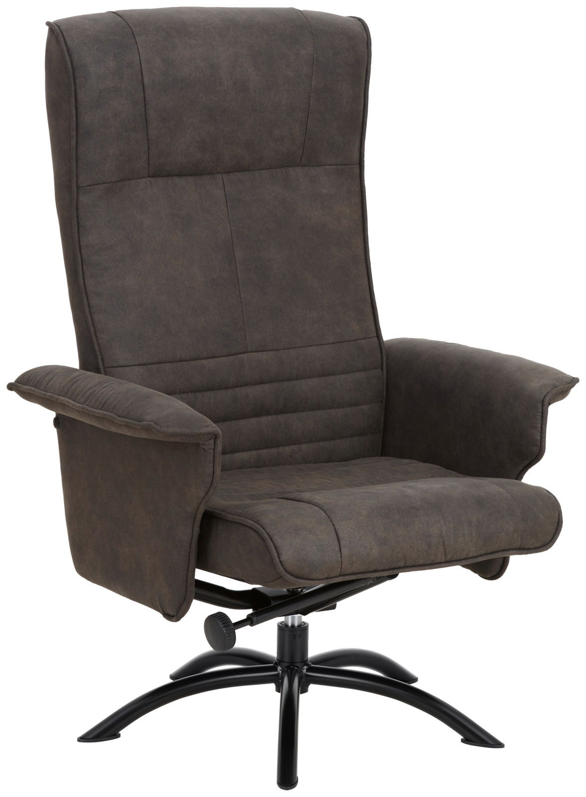 Bequemer Relaxsessel in dunklem Stoffbezug, seitliche Perspektive