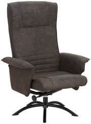 Bequemer Relaxsessel in dunklem Stoffbezug, seitliche Perspektive