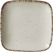Beigefarbener, quadratischer Beilagenteller mit gesprenkeltem Rand, Draufsicht