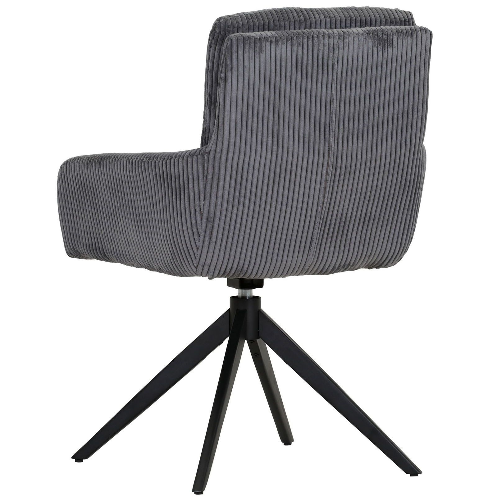 Z2 Armlehnstuhl ALMA Rückansicht eines grauen Armlehnstuhls mit geripptem Stoffbezug und schwarzem Metallgestell.