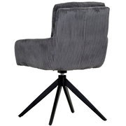 Rückansicht eines grauen Armlehnstuhls mit geripptem Stoffbezug und schwarzem Metallgestell.
