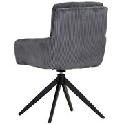 Rückansicht eines grauen Armlehnstuhls mit geripptem Stoffbezug und schwarzem Metallgestell.