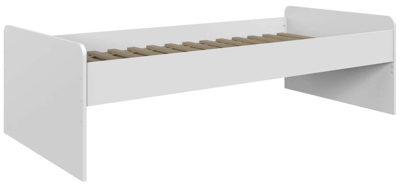 Weißes Kastenbett mit Lattenrost, seitliche Perspektive