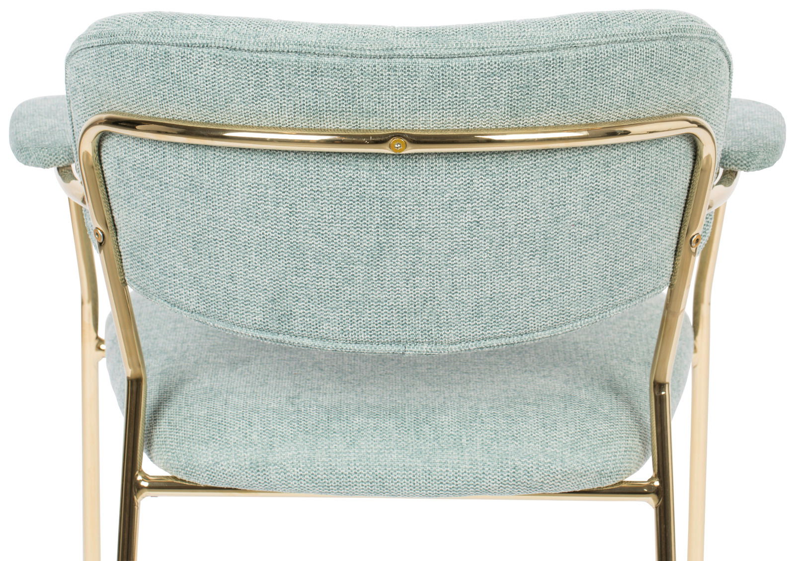 Rückansicht eines Armlehnstuhls mit hellgrünem Stoffbezug und goldfarbenem Metallrahmen.