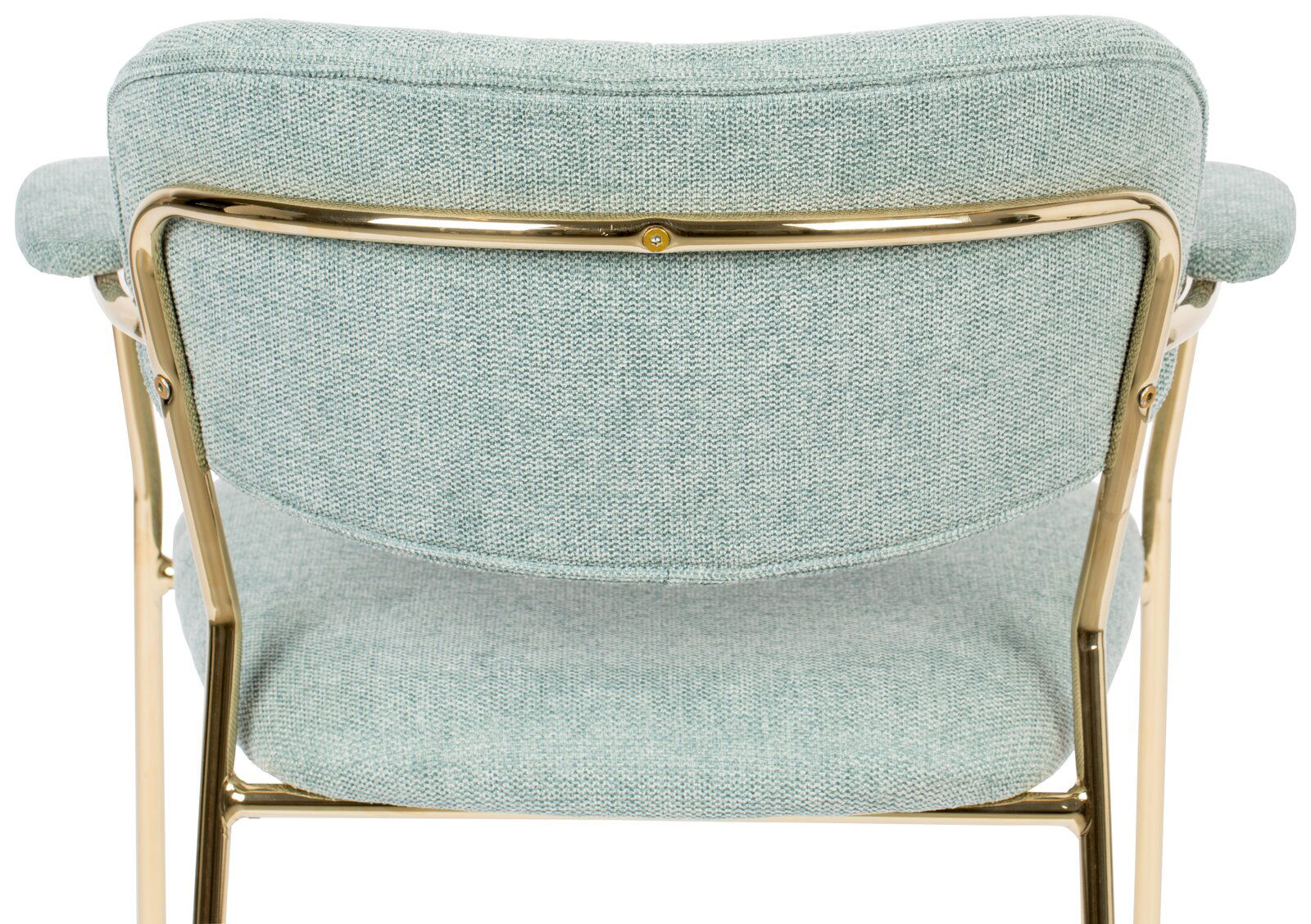 Rückansicht eines Armlehnstuhls mit hellgrünem Stoffbezug und goldfarbenem Metallrahmen.