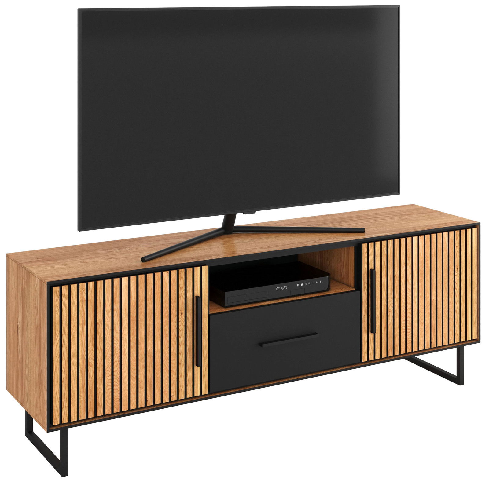 Z2 TV-Lowboard BELLA TV-Lowboard aus Holz mit schwarzen Akzenten, zwei Türen mit Lamellen-Design, einer Schublade und einem offenen Fach, frontal abgebildet.
