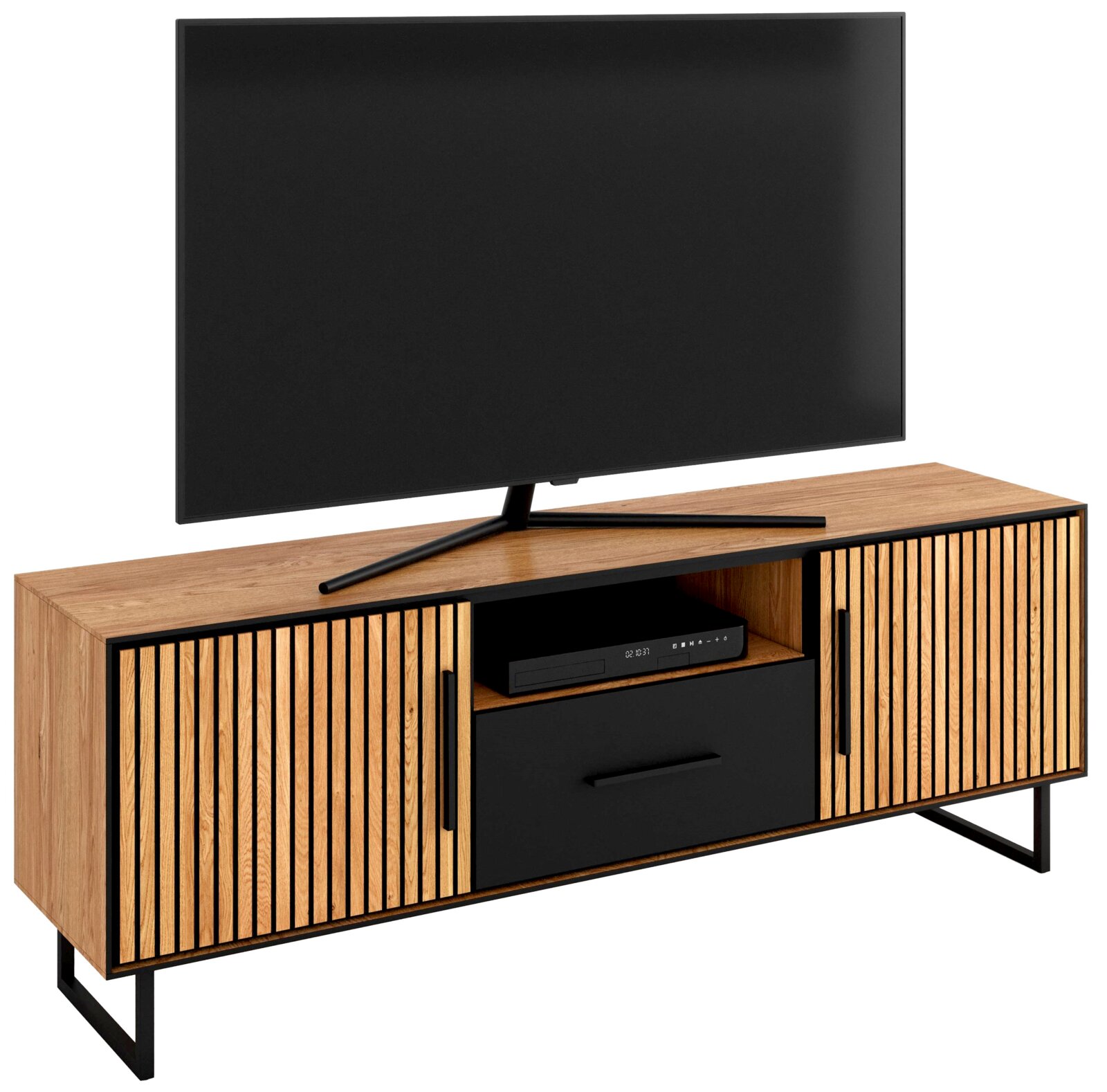 Z2 Tv-kast BELLA Houten tv-lowboard met zwarte accenten, twee deuren met lamellenpatroon, een lade en een open vak, afgebeeld vanaf de voorkant.