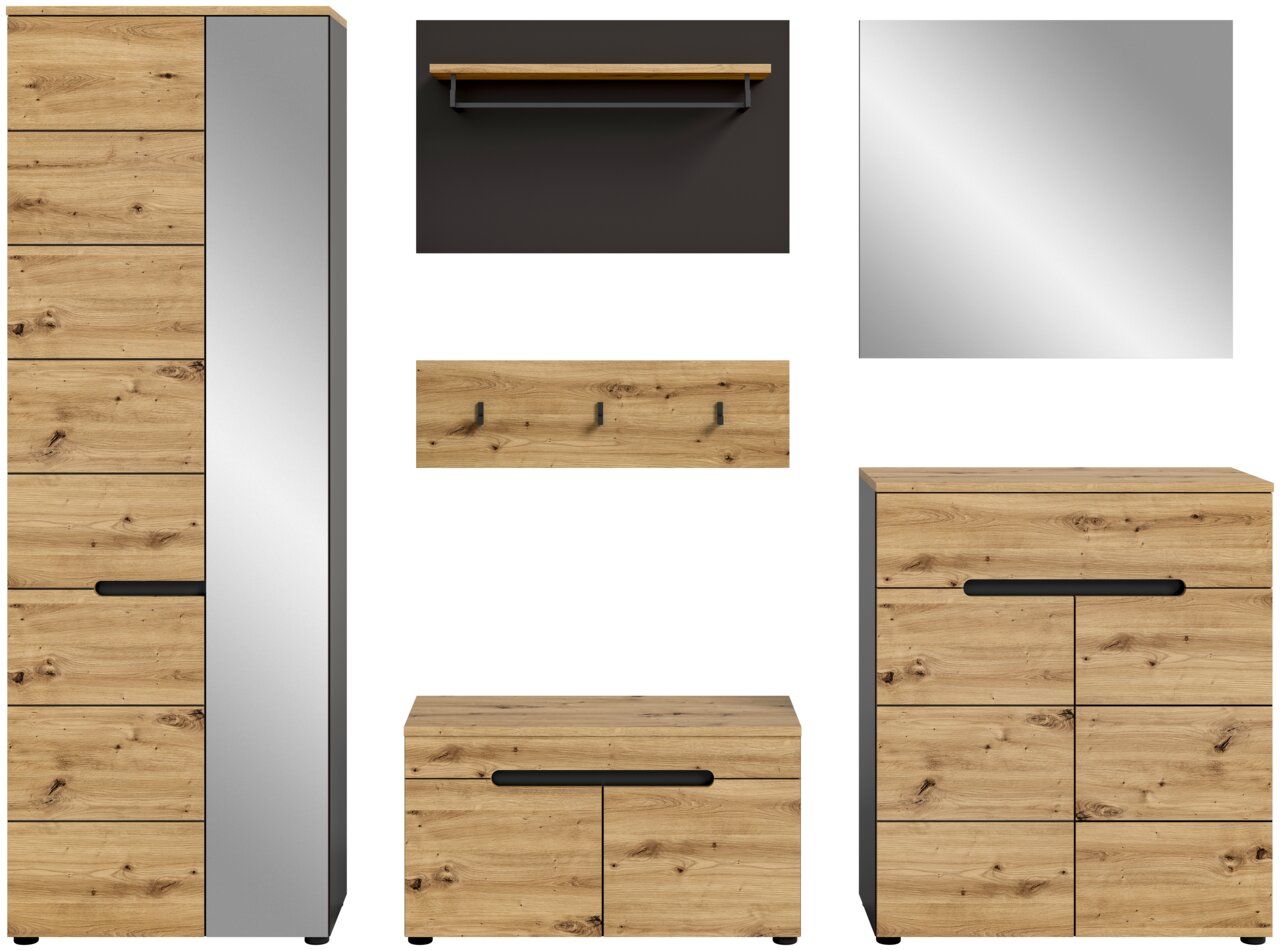 Garderobenkombination in Holzoptik mit Spiegel, bestehend aus einem hohen Schrank, einer Kommode, einem Schuhschrank, einer Wandgarderobe mit Haken und einem Wandregal. Frontalansicht.