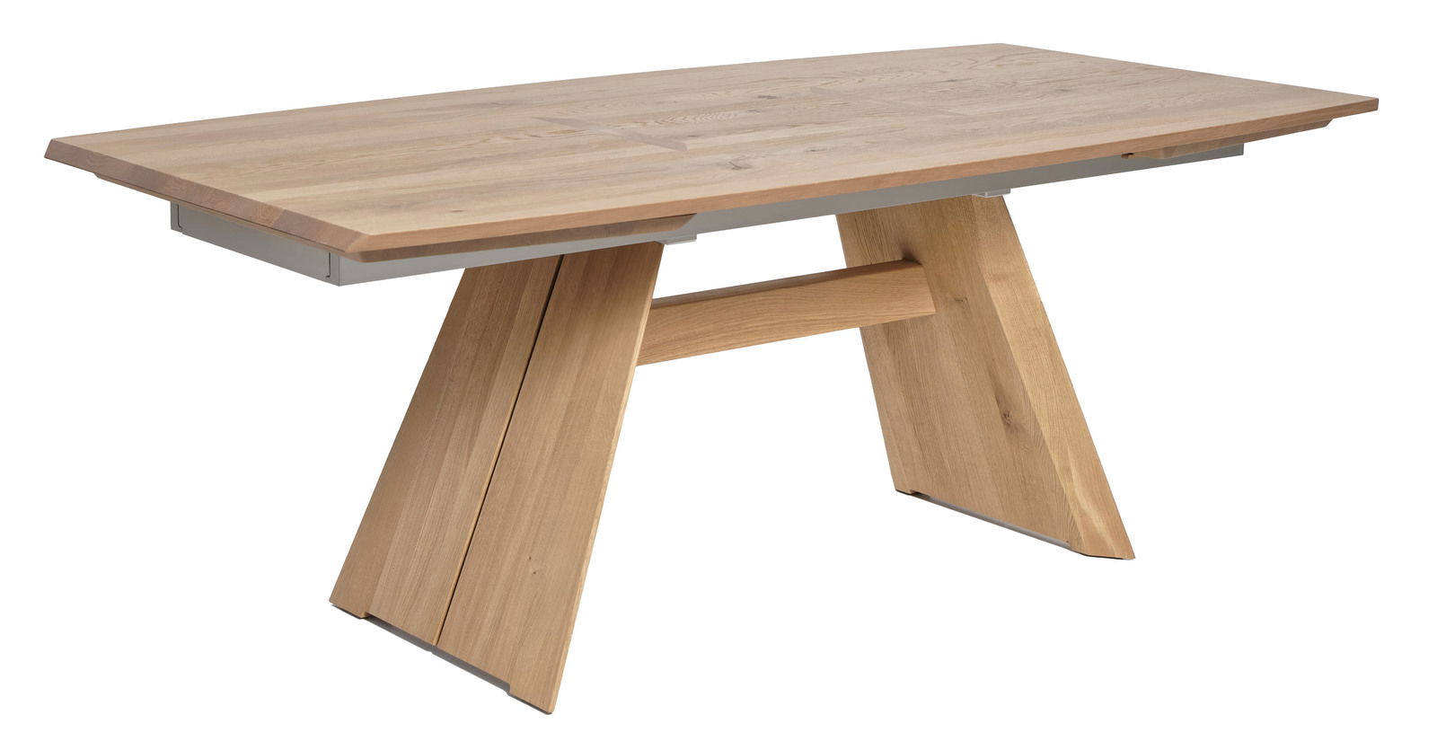 Moderner Esstisch aus Holz mit V-förmigen Beinen, seitliche Perspektive