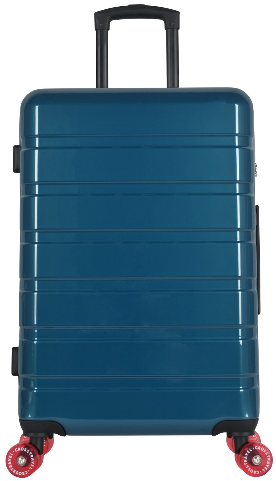 Blauwe hardshell rolkoffer met uitschuifbare trekstang en vier rode zwenkwielen, frontaal aanzicht op witte achtergrond