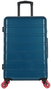 Blauwe hardshell rolkoffer met uitschuifbare trekstang en vier rode zwenkwielen, frontaal aanzicht op witte achtergrond
