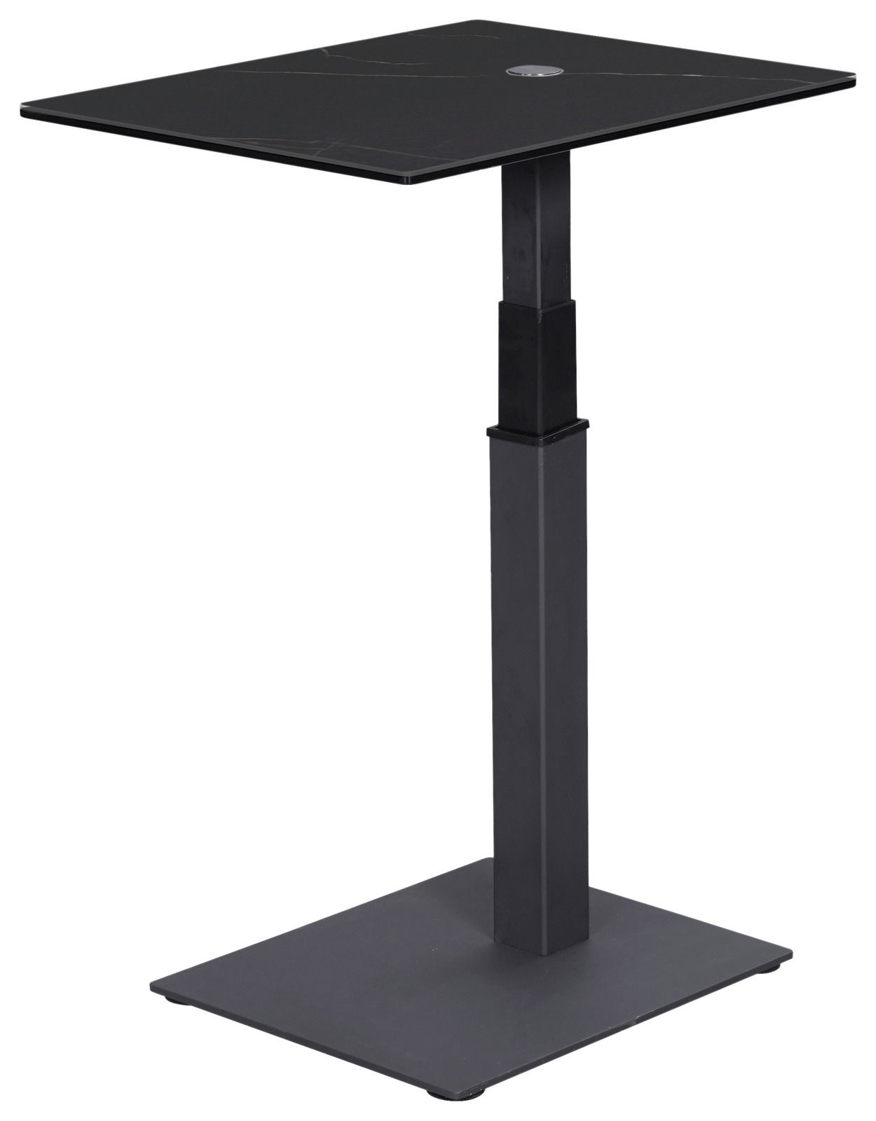 Dieter Knoll Beistelltisch MILANO Moderner schwarzer Beistelltisch mit quadratischer Tischplatte und verstellbarem Gestell, seitliche Perspektive.