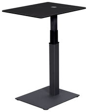 Moderner schwarzer Beistelltisch mit quadratischer Tischplatte und verstellbarem Gestell, seitliche Perspektive.