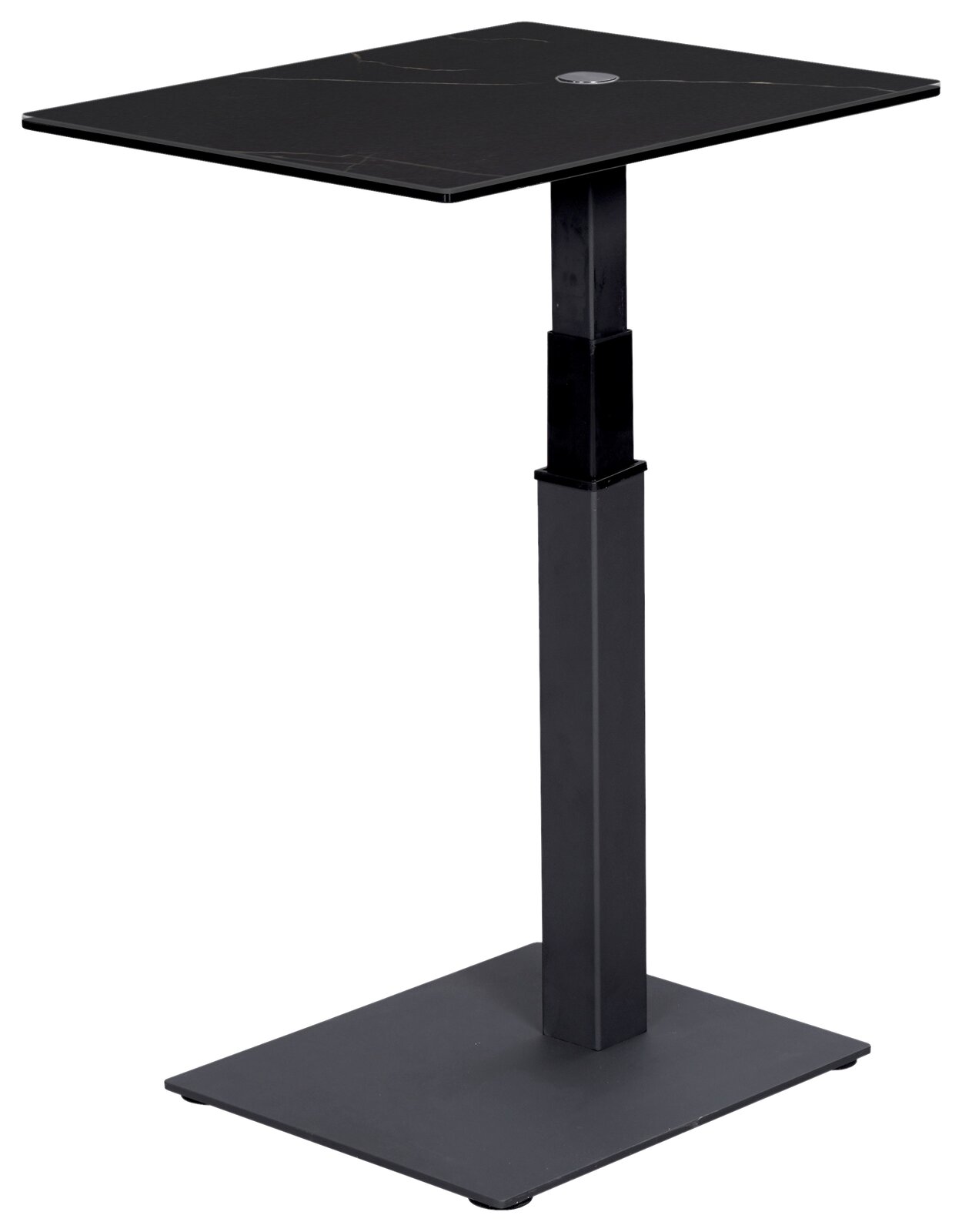 Moderner schwarzer Beistelltisch mit quadratischer Tischplatte und verstellbarem Gestell, seitliche Perspektive.