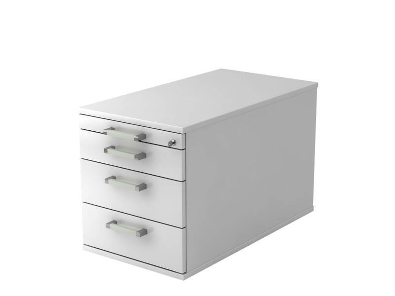 Weißer Rollcontainer mit drei Schubladen, seitliche Perspektive