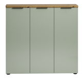 Frontansicht eines XL-Schuhschranks mit drei Türen in hellem Grün und einer Holzoberfläche.