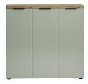 Frontansicht eines XL-Schuhschranks mit drei Türen in hellem Grün und einer Holzoberfläche.