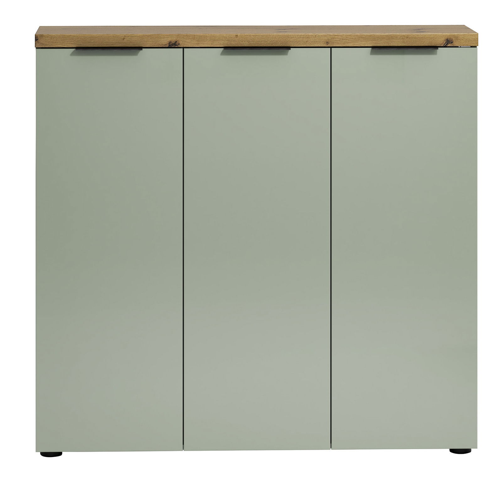 Frontansicht eines XL-Schuhschranks mit drei Türen in hellem Grün und einer Holzoberfläche.