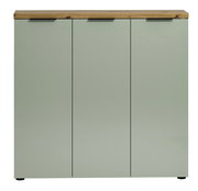 Frontansicht eines XL-Schuhschranks mit drei Türen in hellem Grün und einer Holzoberfläche.