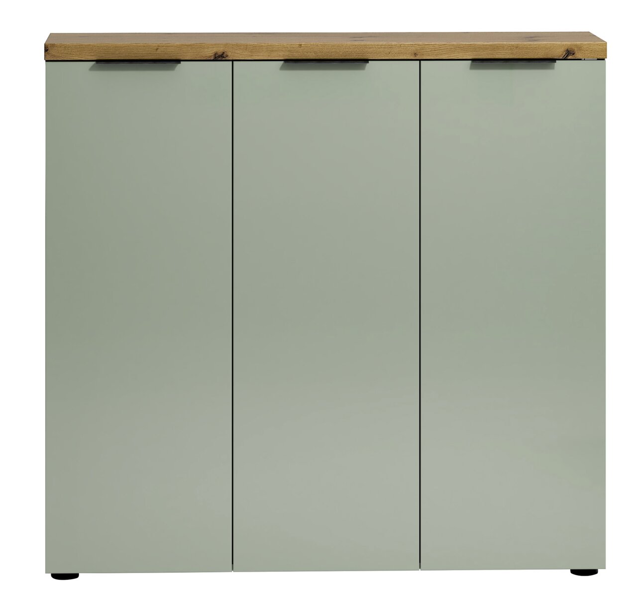 Frontansicht eines XL-Schuhschranks mit drei Türen in hellem Grün und einer Holzoberfläche.