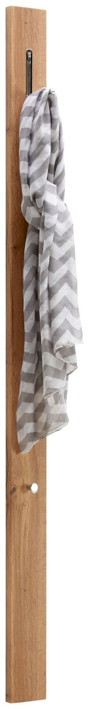 Garderobenpaneel aus Holz mit einem Haken und einem aufgehängten Schal, seitliche Perspektive