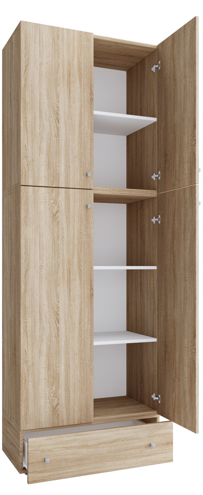 Hoher Holzschrank in Eiche-Optik mit zwei geöffneten Türen, mehreren Einlegeböden und geöffneter Schublade unten, freigestellt vor weißem Hintergrund, Perspektive: frontale Ansicht leicht von rechts