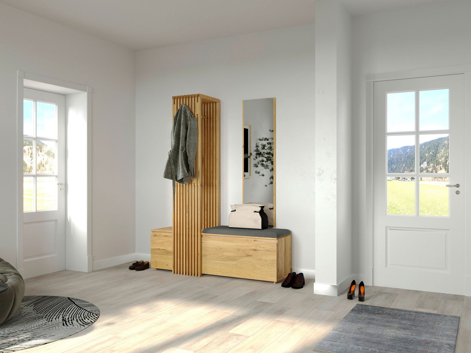 Garderobenbank und Garderobenpaneel in einem modernen Raum, seitliche Perspektive