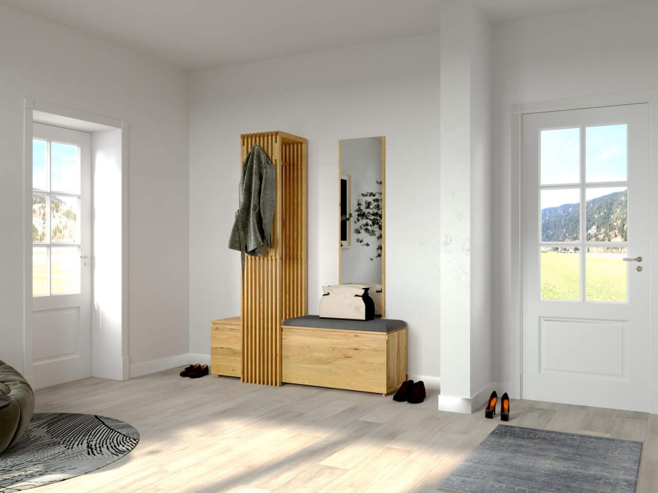 Garderobenbank und Garderobenpaneel in einem modernen Raum, seitliche Perspektive