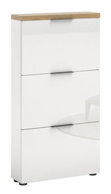 Moderner weißer Schuhschrank mit drei Klappen und Holzoberfläche, seitliche Perspektive