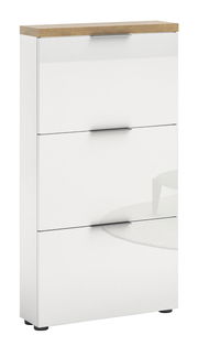 Moderner weißer Schuhschrank mit drei Klappen und Holzoberfläche, seitliche Perspektive