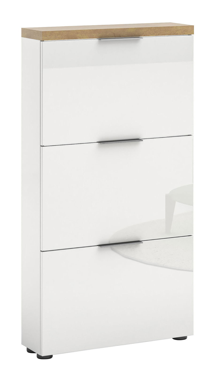 XORA Schuhschrank IDEA Moderner weißer Schuhschrank mit drei Klappen und Holzoberfläche, seitliche Perspektive