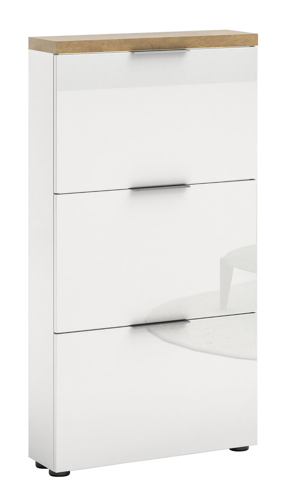 XORA Schuhschrank IDEA Moderner weißer Schuhschrank mit drei Klappen und Holzoberfläche, seitliche Perspektive