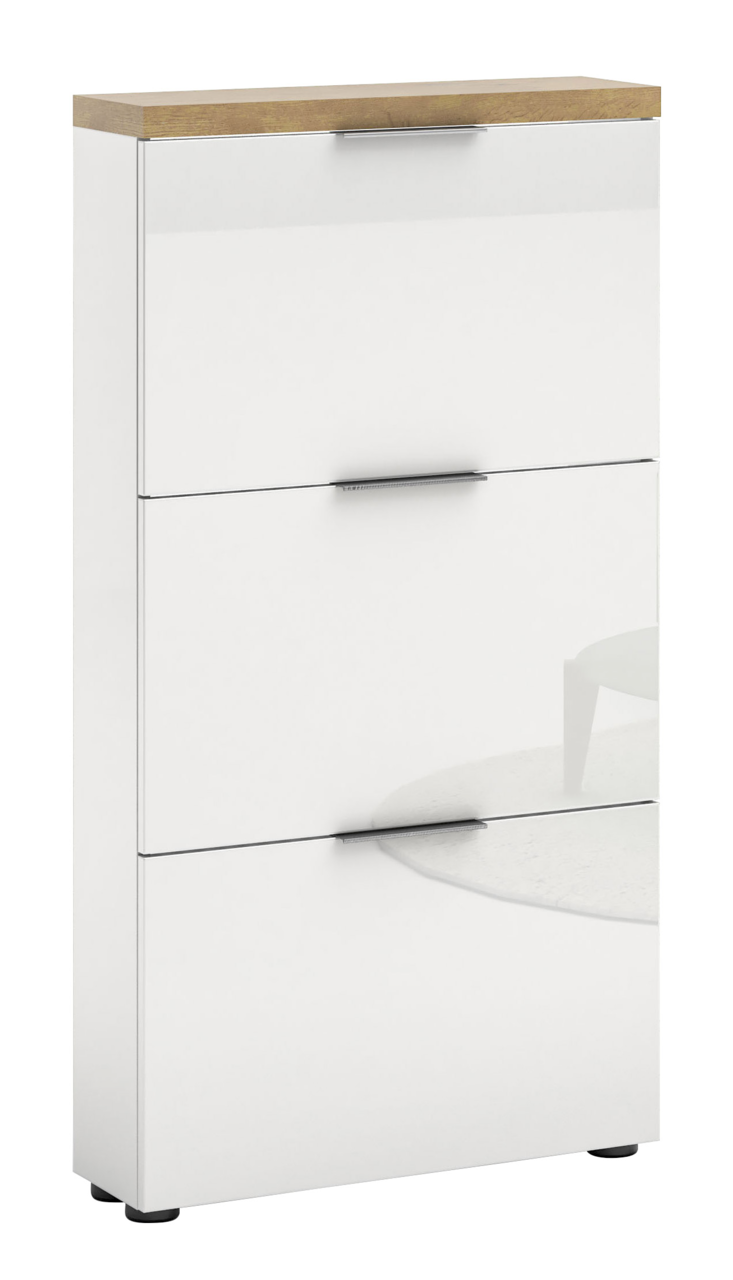 XORA Schuhschrank IDEA Moderner weißer Schuhschrank mit drei Klappen und Holzoberfläche, seitliche Perspektive