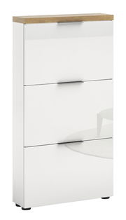 Moderner weißer Schuhschrank mit drei Klappen und Holzoberfläche, seitliche Perspektive