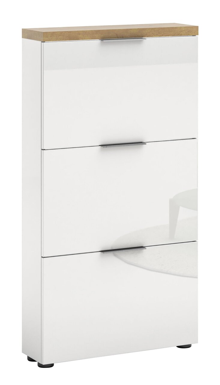 XORA Schuhschrank IDEA Moderner weißer Schuhschrank mit drei Klappen und Holzoberfläche, seitliche Perspektive