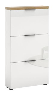 Moderner weißer Schuhschrank mit drei Klappen und Holzoberfläche, seitliche Perspektive