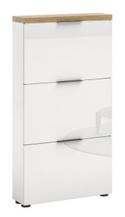 Moderner weißer Schuhschrank mit drei Klappen und Holzoberfläche, seitliche Perspektive