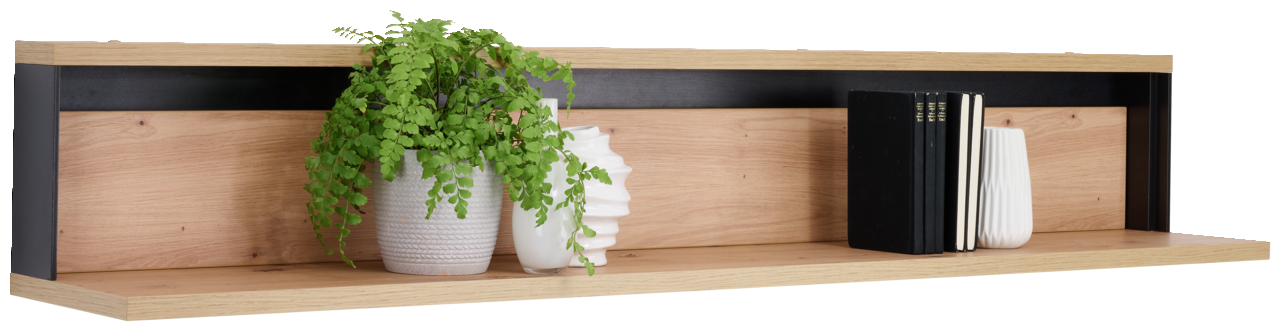 Wandboard aus Holz mit schwarzem Akzent, dekoriert mit Pflanzen und Büchern, seitliche Perspektive